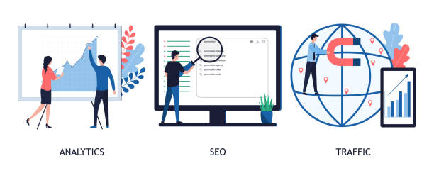 illustrations, cliparts, dessins animés et icônes de l'équipe travaille à la promotion d'une ressource d'information, d'un site web, d'une page de médias sociaux, d'une vidéo. analyse, seo, attraction du trafic et cible des clients. illustration plate de vecteur sur le fond blanc. - people in the background video