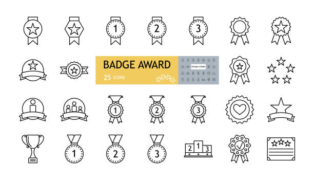 ilustrações de stock, clip art, desenhos animados e ícones de badge award set icons. a collection of 25 linear images with an editable stroke. medals with a star, a heart, on a garter, with a ribbon, a podium, a sports cup. flat vector illustration on white back - rank first place podium number 1