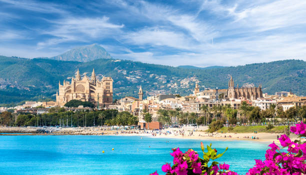 Landscape with beach and Palma de Mallorca town Landscape with beach and Palma de Mallorca town, Spain balearic islands photos stock pictures, royalty-free photos & images