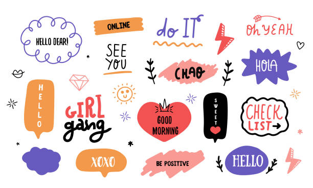 Modern doodle Social power lettering sticker pack with speech bubbles, typographic message set, vector chat badge Modern doodle Social power lettering sticker pack with speech bubbles, typographic message set, vector chat badge. good job emoji stock illustrations