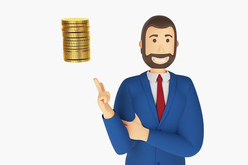 Cartoon character, businessman in suit with pointing finger at an gold money coin. Business concept money icon. 3d rendering