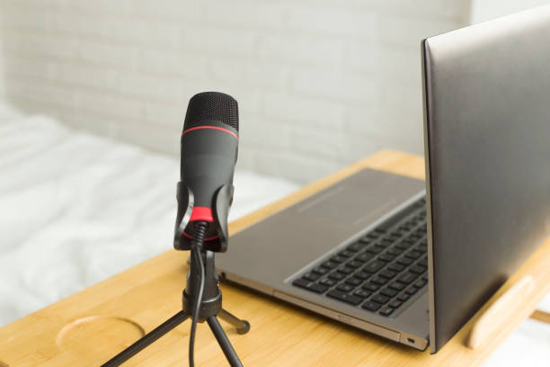istock Podcaster amateur microphone and notebook for a blogger. 1202818370