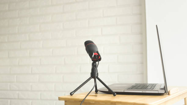 istock Podcaster amateur microphone and notebook for a blogger. 1202818393