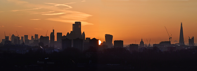 The view over the London cityscape at dawn from Primrose Hill in the north of the City.