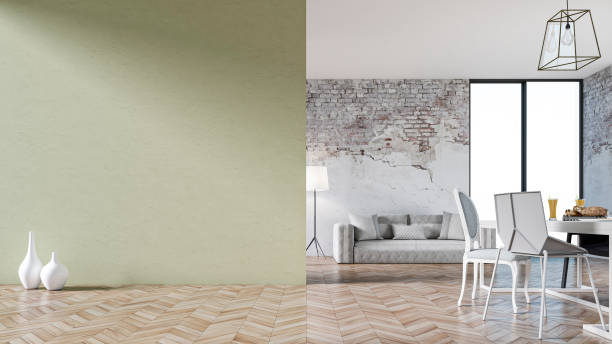 istock Empty living room with sofa, table and chairs - ruined wall 1202819932