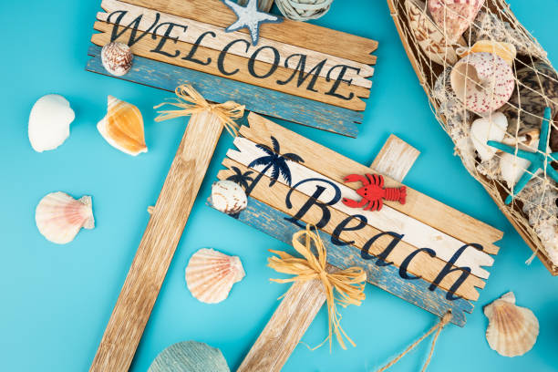 istock Wooden signs welcome beach and shells 1202820810