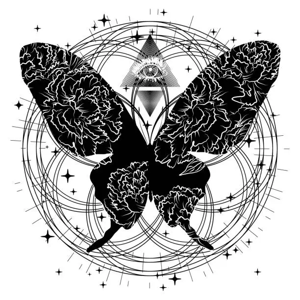 Vector illustration of Mystical illustration with silhouette butterfly and a third eye. Can be used for topics in alchemy, esotericism, mysticism, occultism, meditation.