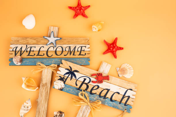 istock Wooden signs welcome beach, starfish and shells 1202820882