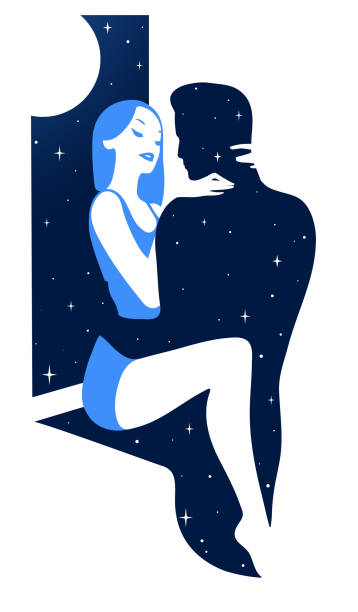 ilustrações de stock, clip art, desenhos animados e ícones de vector illustration of a young couple in love. starry night and moonlight. - couple sensuality passion embracing