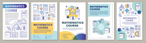 mathematik-kurs, mathematik-lektionen broschüre layout. flyer, broschüre, faltblatt druckdesign mit linearen illustrationen. vektorseitenlayouts für zeitschriften, geschäftsberichte, werbeplakate - document printing out expertise book stock-grafiken, -clipart, -cartoons und -symbole