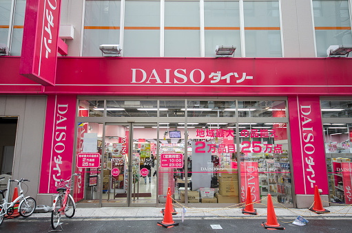 Osaka, Japan- 28 Nov, 2019: View of Daiso store located in Dotonbori, Osaka. Daiso is a large franchise of 100-yen shops founded in Japan.
