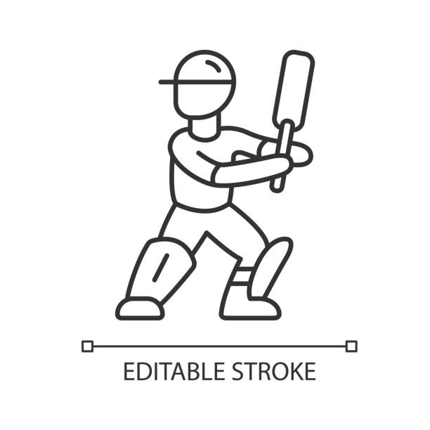 illustrations, cliparts, dessins animés et icônes de icône linéaire de joueur de cricket. batsman prêt à se battre hors terrain. cricketer dans l'uniforme, garnitures de jambe avec la batte. illustration mince de ligne. symbole de contour. dessin de contour isolé de vecteur. accident vasculaire cérébr - sport of cricket cricket player cricket bat batting