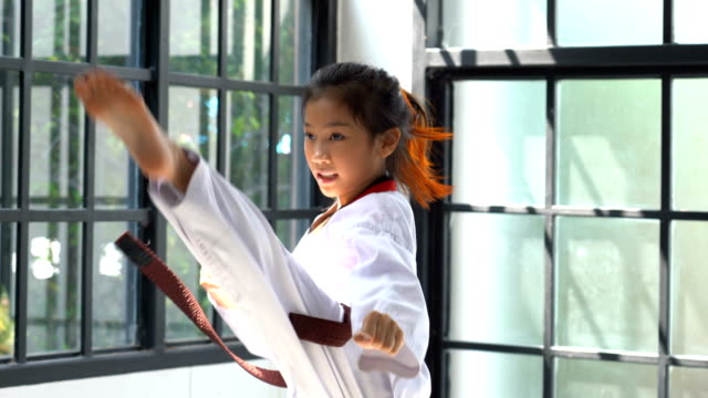 Portrait asian girl taekwondo in studio