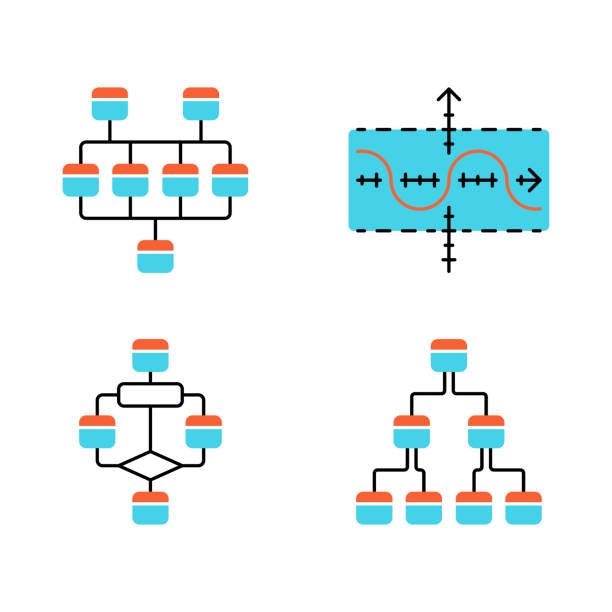 ilustraciones, imágenes clip art, dibujos animados e iconos de stock de conjunto de iconos de color de diagramas. red, árbol, gráfico de funciones, diagrama de flujo. planificación, flujo de proceso. visualización de datos estadísticos. representación simbólica de la información. ilustraciones vectoriales aisladas - flowchart diagram organization algorithm