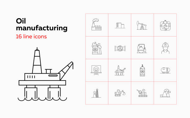 illustrations, cliparts, dessins animés et icônes de ensemble d'icône de ligne de fabrication d'huile - gas station fuel pump station gasoline