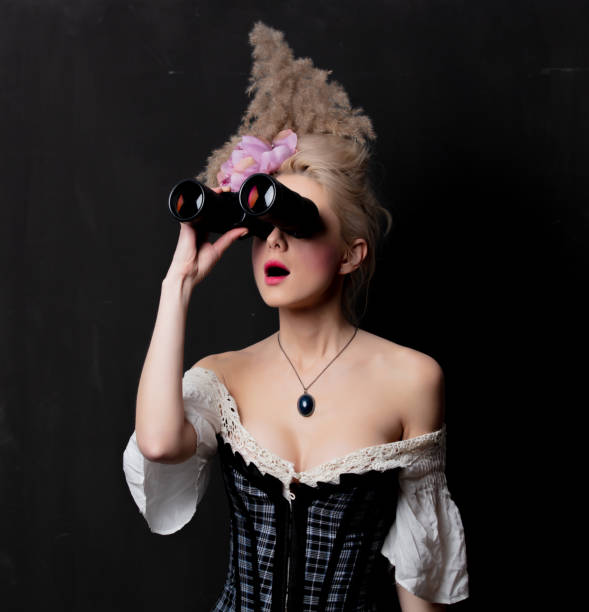 красивая блондинка графиня с биноклем - baroque style costume corset women стоковые фото и изображения