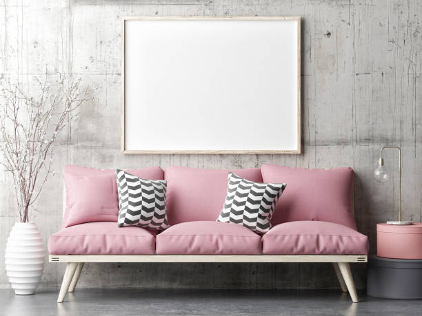 istock Mock up poster in living room with pink sofa texture 1202828891