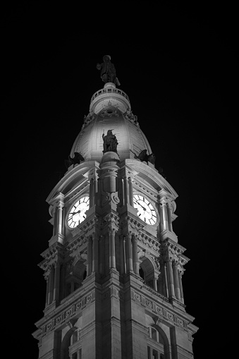 Clock tower of City Hall at night, Philadelphia, Pennsylvania, USA