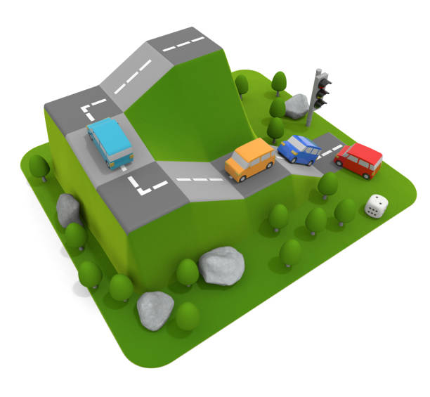 istock 3D illustration. A car climbs the mountain. Car board game. 1202834683