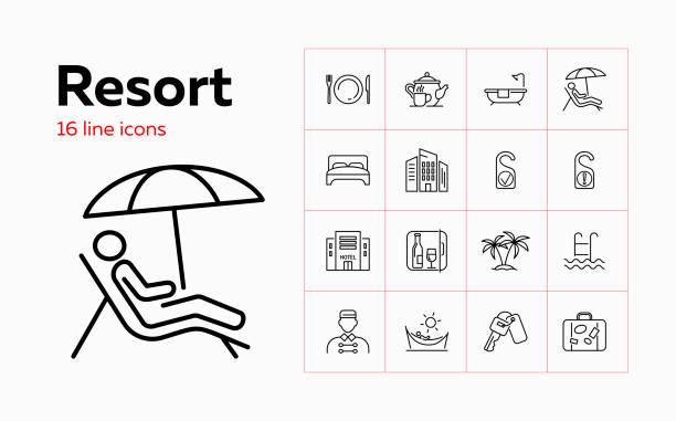 ilustraciones, imágenes clip art, dibujos animados e iconos de stock de conjunto de iconos de línea de resort - lugar turístico