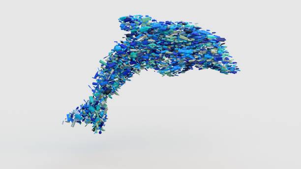 Dolphin shape made of blue plastic items on white background
