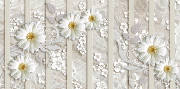 istock 3d wallpaper, white chamomiles, vertical stripes, beige marble background. 1202839589