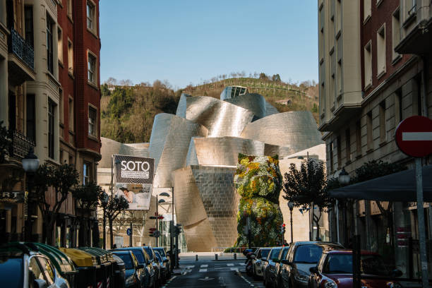 28 January 2020 - Bilbao, Spain: The facade of the Guggenheim Museum in Bilbao, Spain. This building, designed by Frank Gehry, has become one of the main tourist attractions in the Spanish city.