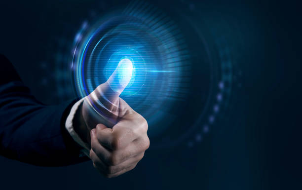 istock Business, technology, internet and networking concept. Young businessman working  in the office, select the icon on the virtual display. 1202843420