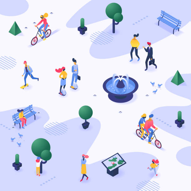 istock City park vector urban people walking strolling outdoor in town illustration background summer public cityscape and healthy lifestyle activity of man woman on bicycle skateboard backdrop wallpaper 1202845570