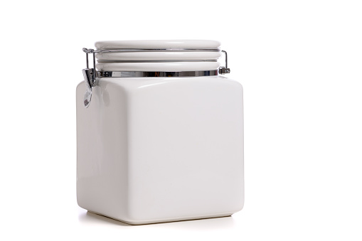 A white cookie jar on a white background with copy space, add text