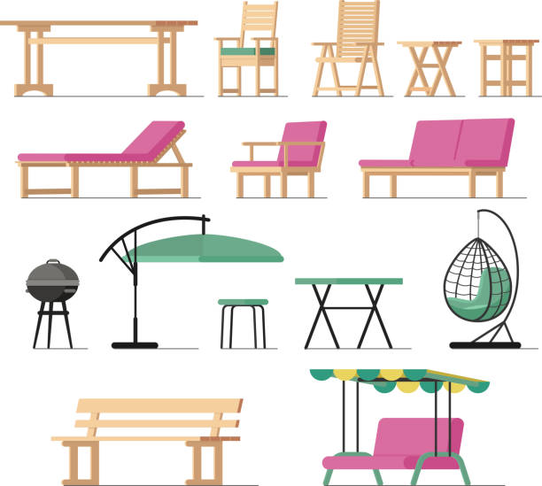 Garden furniture vector table chair seat charcoal-grill on terra Garden furniture vector table chair seat charcoal-grill on terrace design outdoor in summer backyard outside illustration gardening relaxation set of furnished armchair, isolated on white background. terra stock illustrations