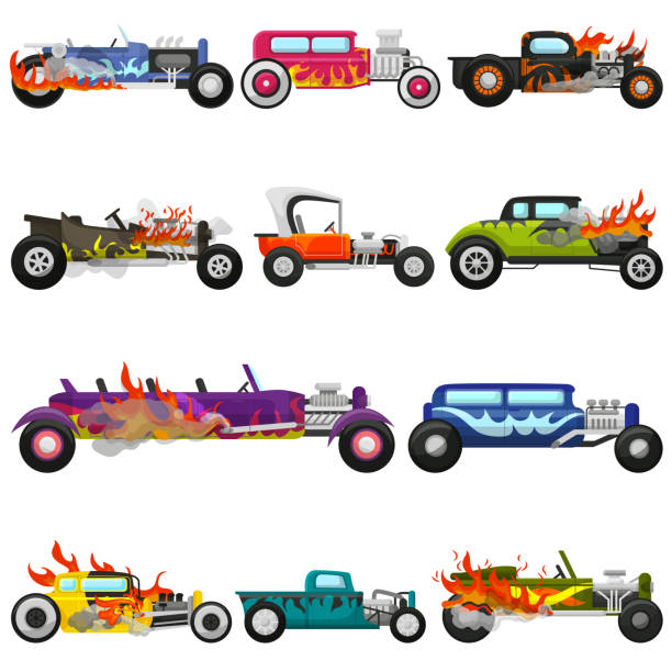 Hot rods car vector muscle racing speedcar on a track and retro vector art illustration