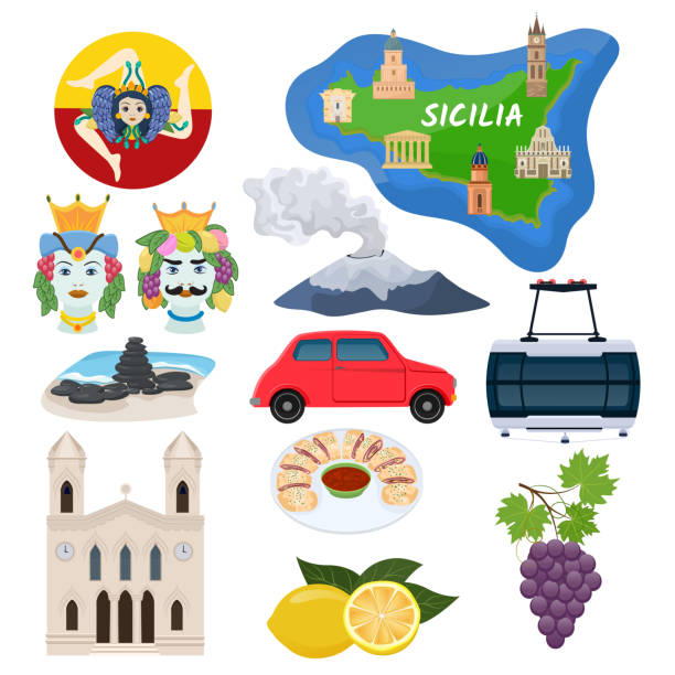 stockillustraties, clipart, cartoons en iconen met de vector siciliaanse eilandkaart van sicilië met de cultuur van de architectuurvan de kathedraalarchitectuur en traditioneel italiaans toerisme van de voedselillustratie reeks pictogrammen etna vulkaan ceramisch souvenir dat op witte achtergrond wordt ge - sicilië