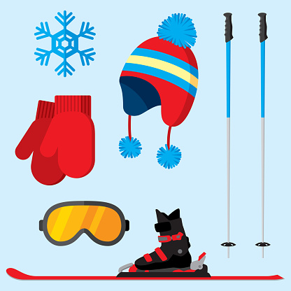 Vector illustration of a set of winter ski icons in flat style against a light blue background.