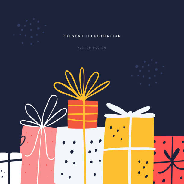 Festive present flat vector greeting card template Festive present flat vector greeting card template. Wrapped gift boxes pile social media banner layout with text space. Birthday surprises handdrawn illustration on blue background gift illustrations stock illustrations