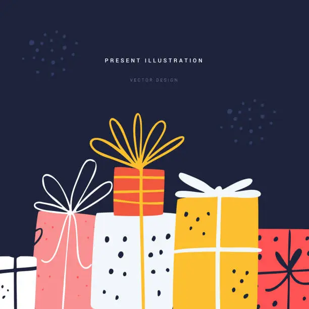 Vector illustration of Festive present flat vector greeting card template