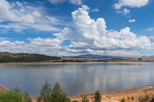 Beautiful landscape of Theewaterskloof dam with mountains on the background. Western Cape province, South Africa