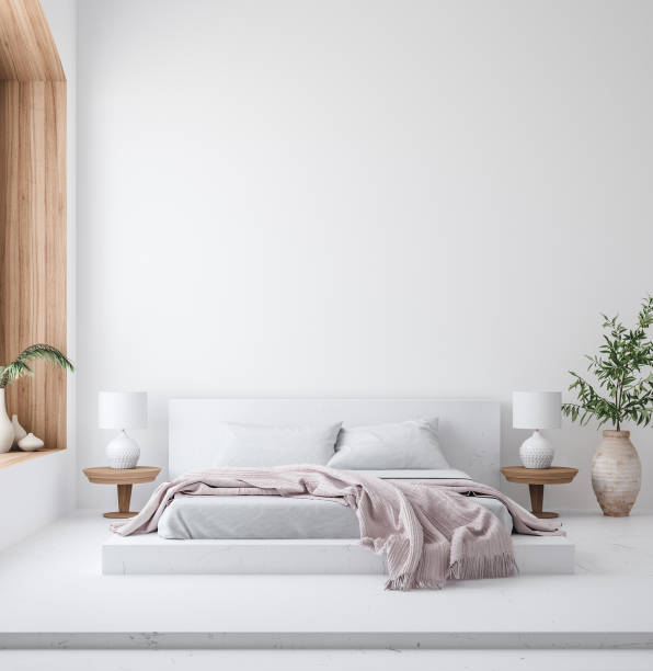 istock White cozy bedroom interior, Scandinavian style, wall mockup 1202848186