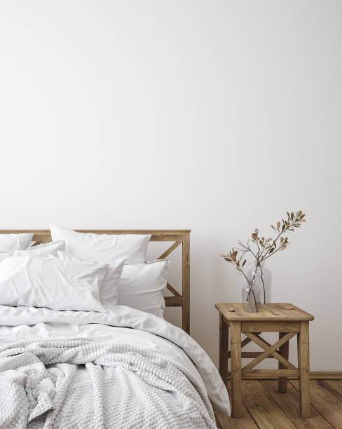 istock Scandinavian farmhouse bedroom interior, wall mockup 1202848187