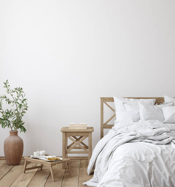 istock Scandinavian farmhouse bedroom interior, wall mockup 1202848200