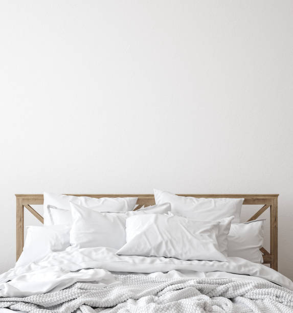 istock Scandinavian farmhouse bedroom interior, wall mockup 1202848204