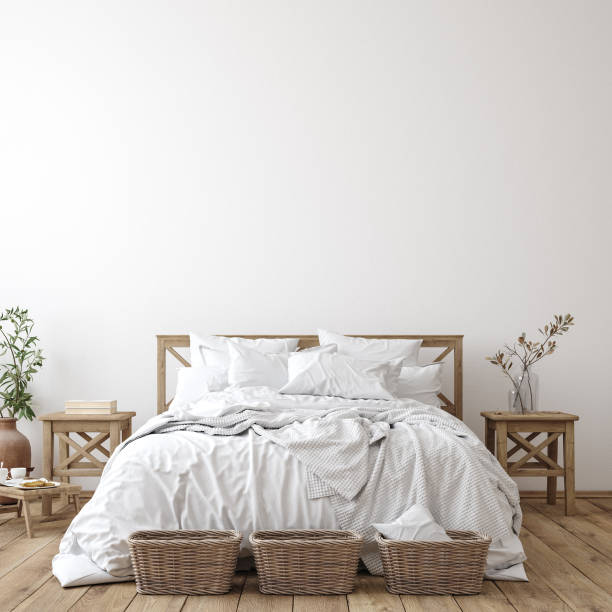 istock Scandinavian farmhouse bedroom interior, wall mockup 1202848205