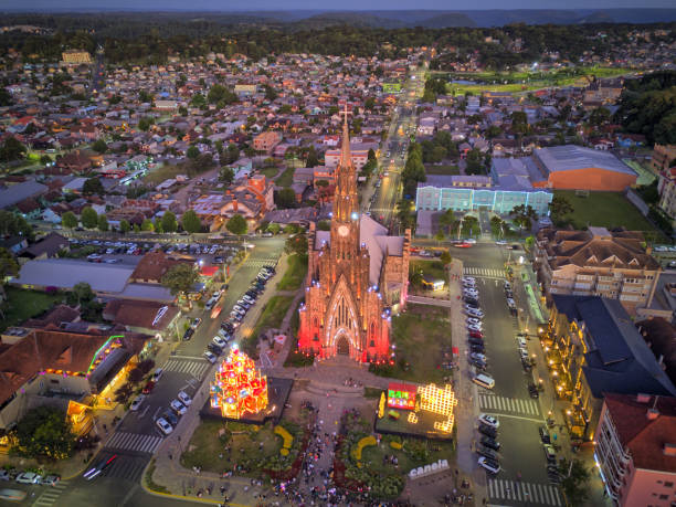 Aerial image of Cinnamon Cathedral in Rio Grande do Sul Aerial image made with drone of the Cathedral of Canela in Rio Grande do Sul. Christmas decoration. gramado stock pictures, royalty-free photos & images