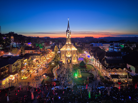 Aerial image made with drone of Gramado Cathedral in Rio Grande do Sul. Christmas decoration.