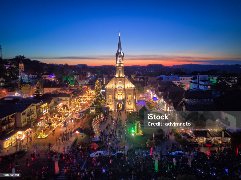 Aerial image of Gramado Cathedral in Rio Grande do Sul Aerial image made with drone of Gramado Cathedral in Rio Grande do Sul. Christmas decoration. Gramado Stock Photo