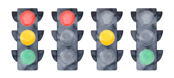 ilustracja zestaw świateł led z wszystkich trzech kolorów na i pokazano czerwone, żółte i zielone światła. ręcznie rysowany akwarela, wycięcie elementów clipart do projektowania, nadruk, naklejka. - led toys stock illustrations