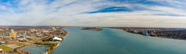 istock Aerial video Detroit River between USA and Canada 1202856619