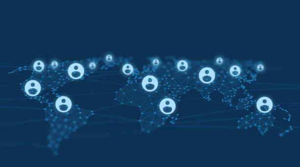 Social Network Connection Icons on World Map Polygon Graphic Background with Connected Lines