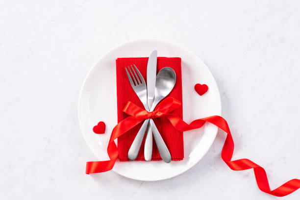 istock Valentine's Day meal design concept - Romantic plate dish set isolated on marble white background. 1202862489