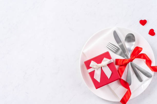 istock Valentine's Day meal design concept - Romantic plate dish set isolated on marble white background. 1202862506